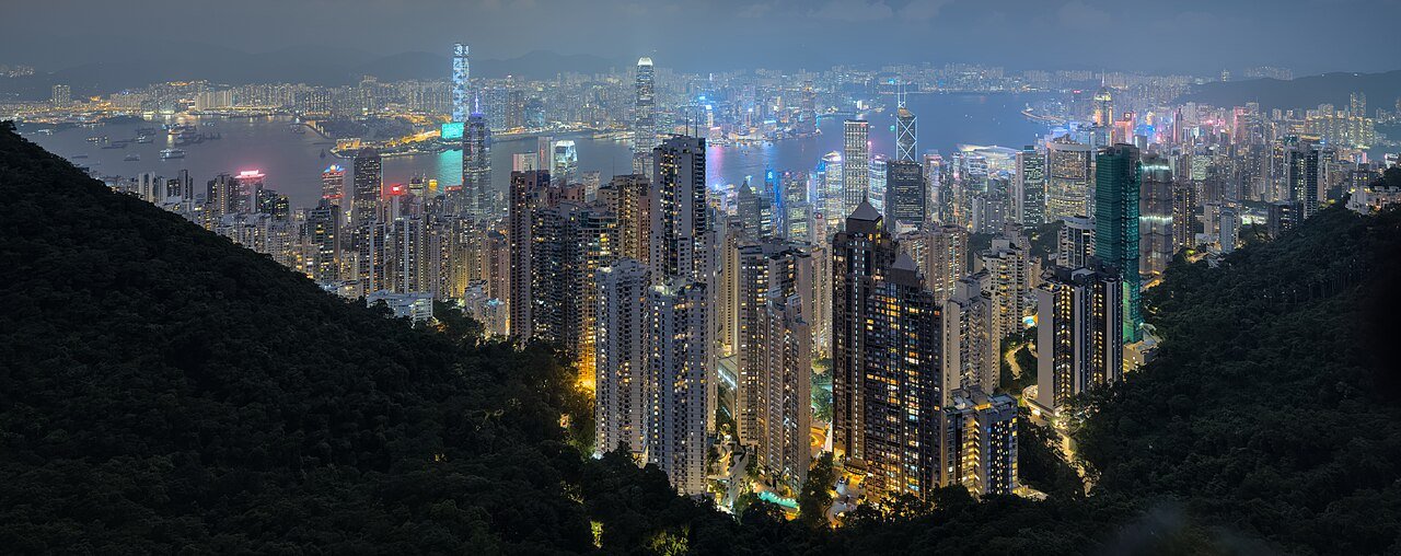 Hong Kong skyline and Victoria Harbour viewed from Victoria Peak at dusk